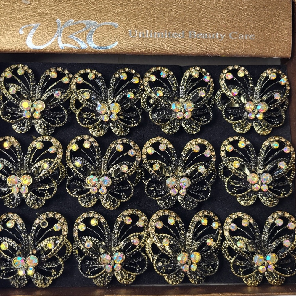 UBC Butterfly Ring Box of 12 Vintage Style Gold‎ Tone Rhinestone Adjustable Band